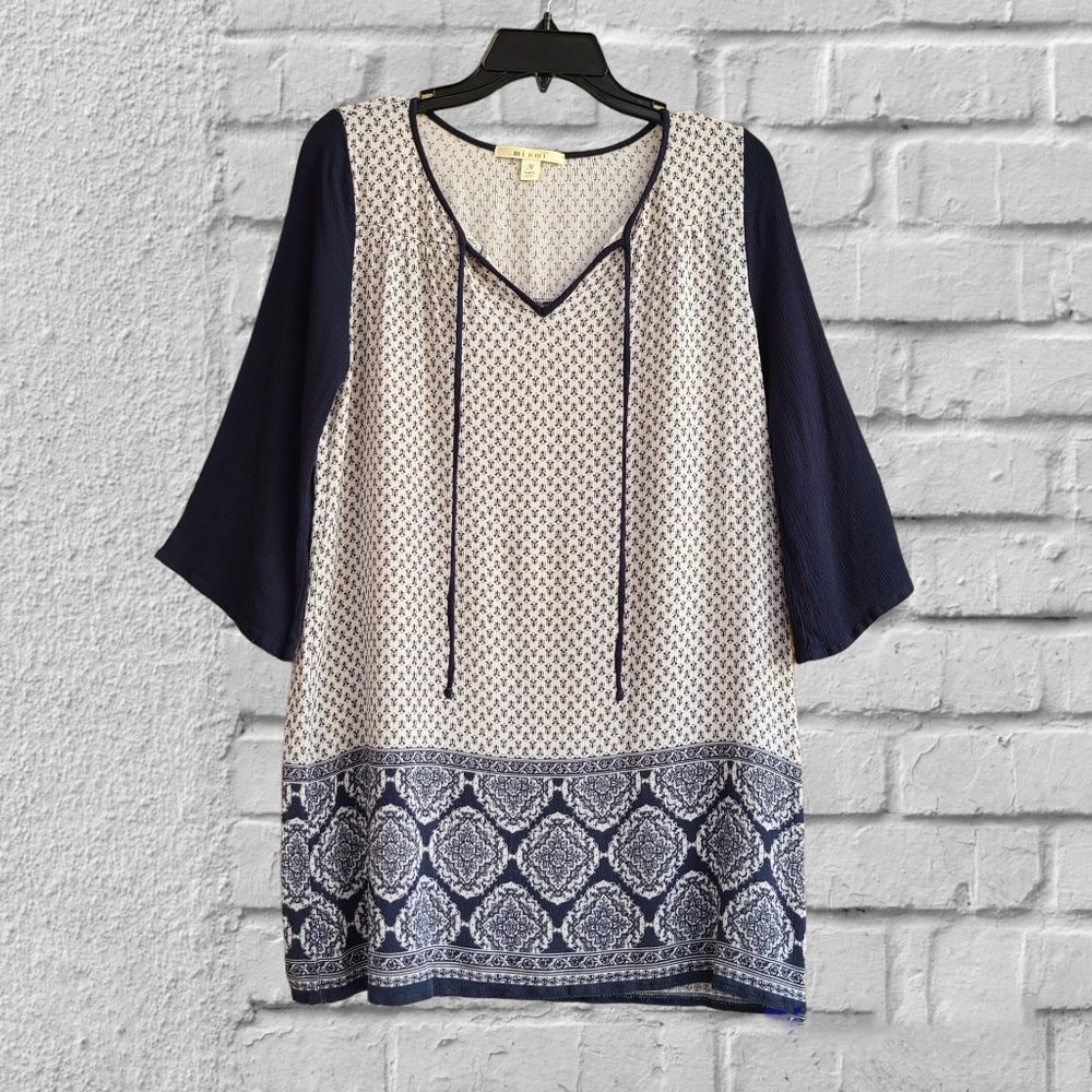 MIAMI Women's Top Tunic 3/4 Sleeves Border Print Blue White Size M